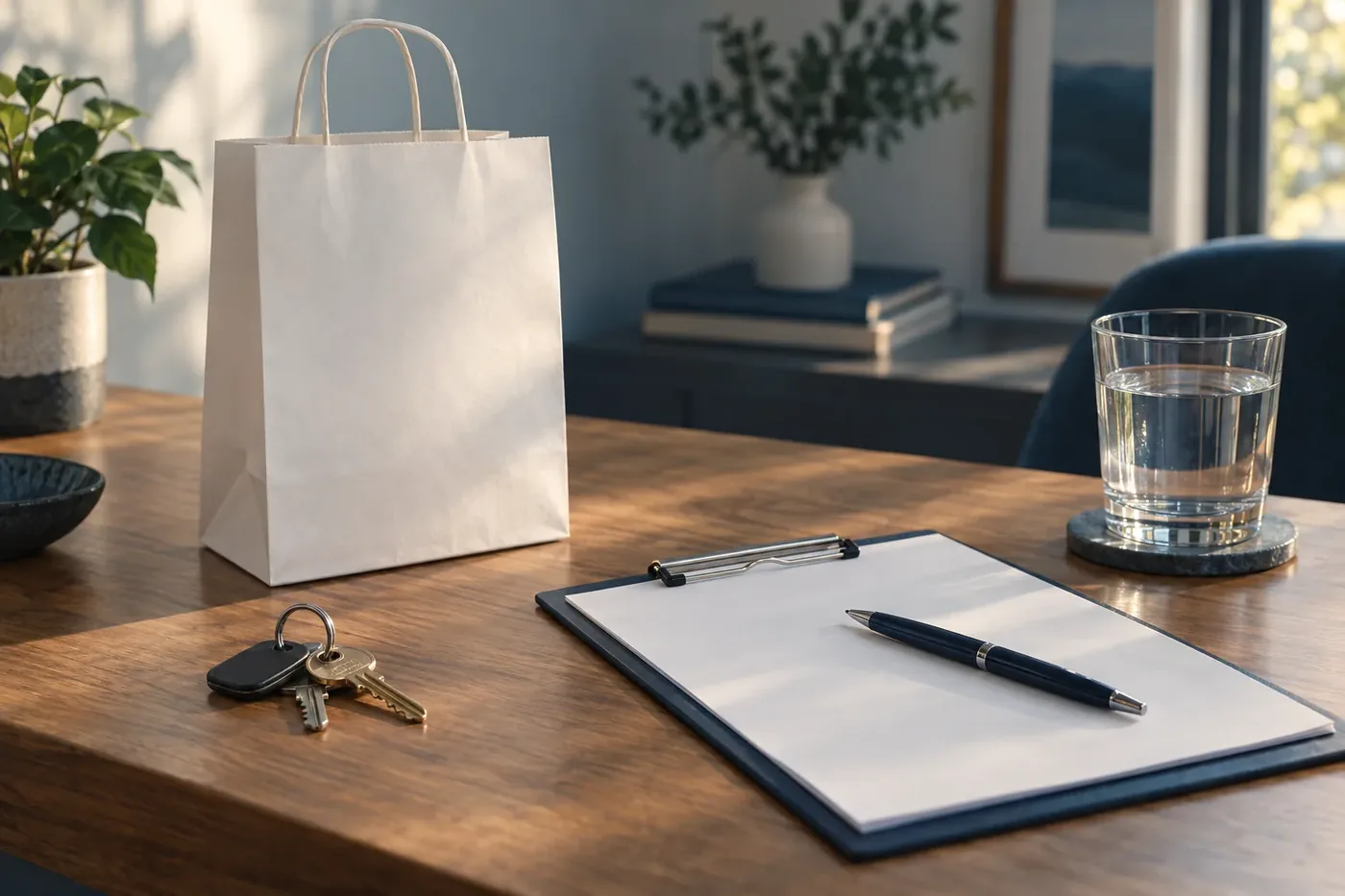 Illustration of a pharmacy counter with a prescription bag, keys, and paperwork, illustrative scene photo